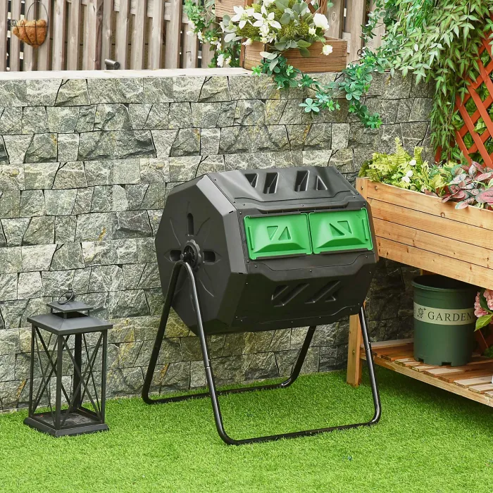 Outsunny 160L Outdoor Tumbling Compost Bin with Dual Chamber, Black