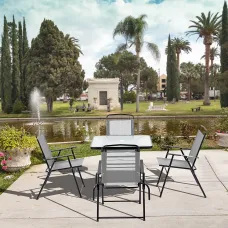 Outsunny 5 Piece Garden Dining Furniture Set w/ 4 Folding Chairs & Parasol Hole