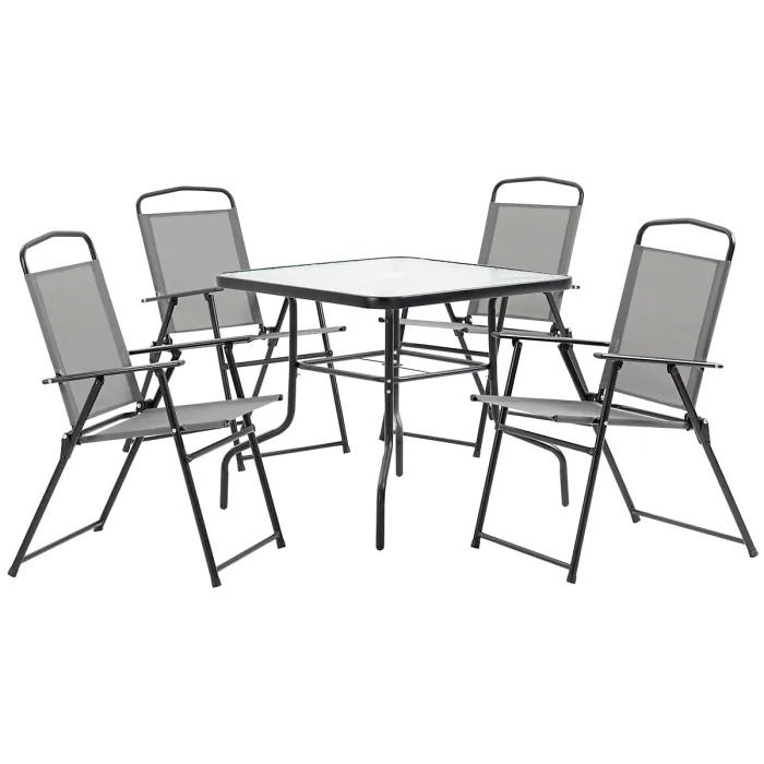 Outsunny 5 Piece Garden Dining Furniture Set w/ 4 Folding Chairs & Parasol Hole