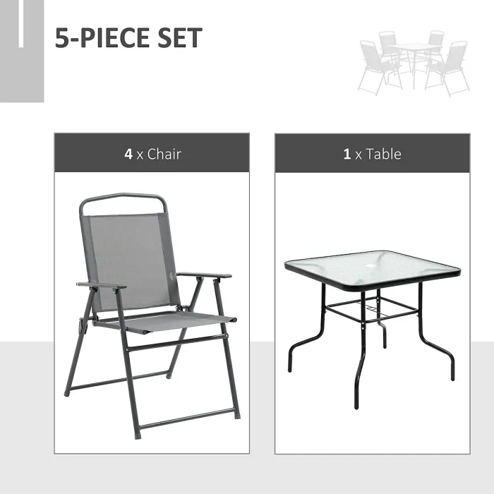 Outsunny 5 Piece Garden Dining Furniture Set w/ 4 Folding Chairs & Parasol Hole