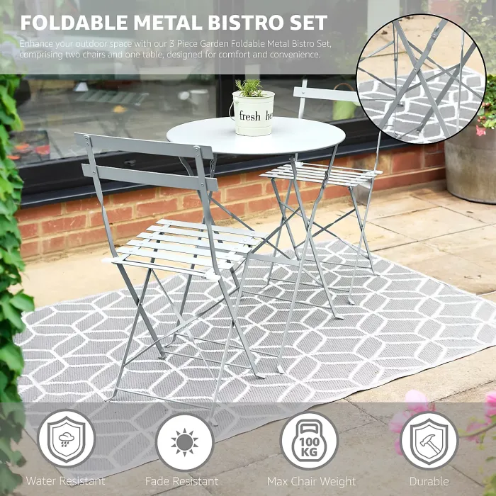 Manarola 3 Piece Garden Foldable Metal Bistro Dining Set - Grey