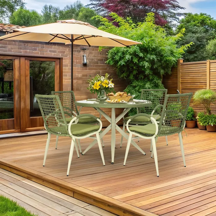 Nissi Outdoor 5-Piece Rattan Wicker Glass Table Dining Set Green