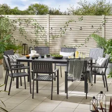 FurnitureboxUK Dubai Grey Aluminium Metal & Wood Effect 6 - 8 Seater Outdoor Garden Patio Dining Table & Chairs Set - Free Cover