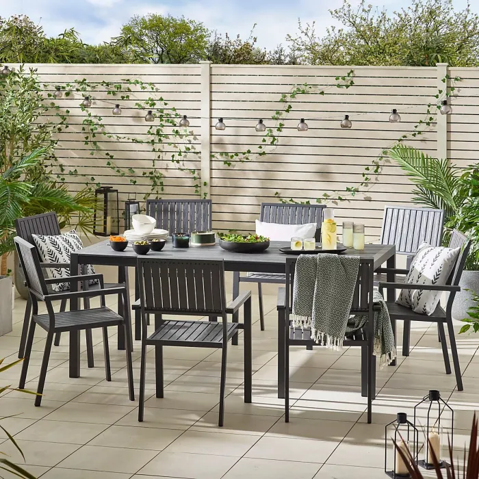 FurnitureboxUK Dubai Grey Aluminium Metal & Wood Effect 6 - 8 Seater Outdoor Garden Patio Dining Table & Chairs Set - Free Cover