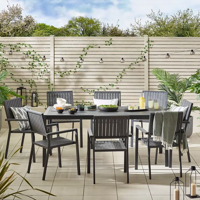 FurnitureboxUK Dubai Grey Aluminium Metal & Wood Effect 6 - 8 Seater Outdoor Garden Patio Dining Table & Chairs Set - Free Cover