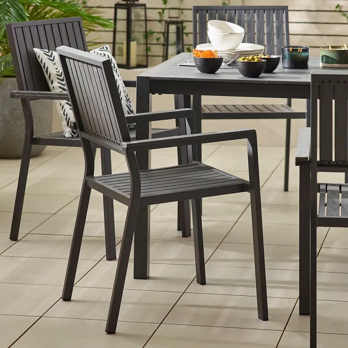 FurnitureboxUK Dubai Grey Aluminium Metal & Wood Effect 6 - 8 Seater Outdoor Garden Patio Dining Table & Chairs Set - Free Cover