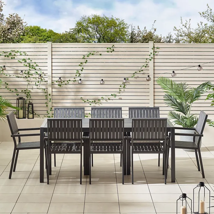 FurnitureboxUK Dubai Grey Aluminium Metal & Wood Effect 6 - 8 Seater Outdoor Garden Patio Dining Table & Chairs Set - Free Cover