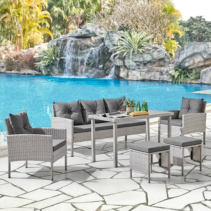 Roma Wicker Style Garden Dining Set in Grey Footstools Sofa Chairs Table Black Glass Table Top