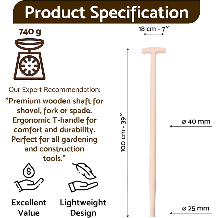 T Type Wooden Shaft Handle 100 cm / 39 in - Hardwood Replacement Handle for Shovel, Spade, Fork - 40 mm to 25 mm Tapered Handle