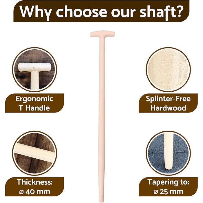 T Type Wooden Shaft Handle 100 cm / 39 in - Hardwood Replacement Handle for Shovel, Spade, Fork - 40 mm to 25 mm Tapered Handle