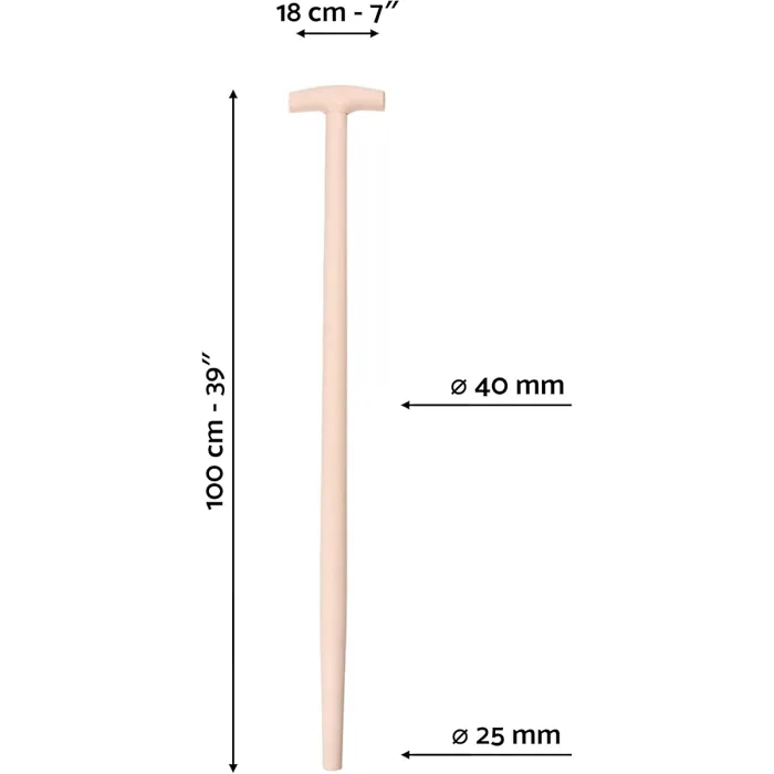 T Type Wooden Shaft Handle 100 cm / 39 in - Hardwood Replacement Handle for Shovel, Spade, Fork - 40 mm to 25 mm Tapered Handle