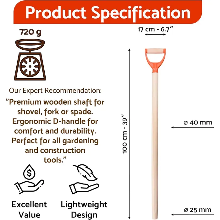 D Type Wooden Shaft Handle 100 cm / 39 in - Hardwood Replacement Handle for Shovel, Spade, Fork - 40 mm to 25 mm Tapered (Plastic)