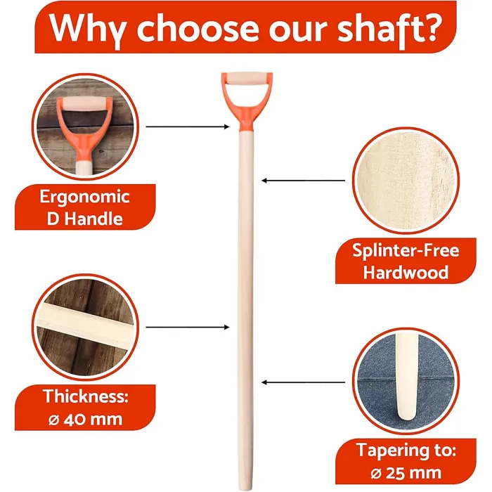 D Type Wooden Shaft Handle 100 cm / 39 in - Hardwood Replacement Handle for Shovel, Spade, Fork - 40 mm to 25 mm Tapered (Plastic)