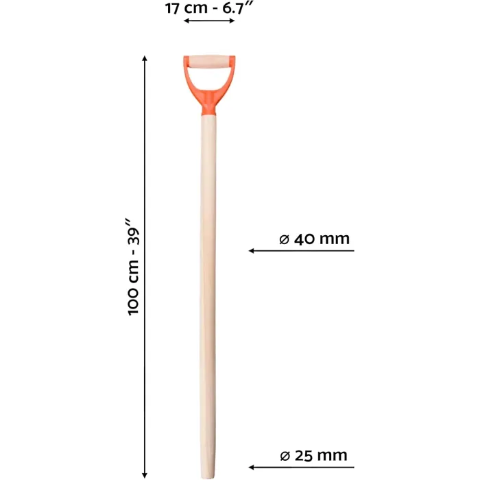 D Type Wooden Shaft Handle 100 cm / 39 in - Hardwood Replacement Handle for Shovel, Spade, Fork - 40 mm to 25 mm Tapered (Plastic)