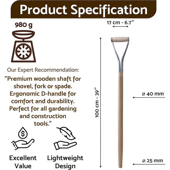 D Type Wooden Shaft Handle 100 cm / 39 in - Hardwood Replacement Handle for Shovel, Spade, Fork - 40 mm to 25 mm Tapered (Metal)