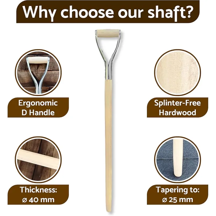 D Type Wooden Shaft Handle 100 cm / 39 in - Hardwood Replacement Handle for Shovel, Spade, Fork - 40 mm to 25 mm Tapered (Metal)