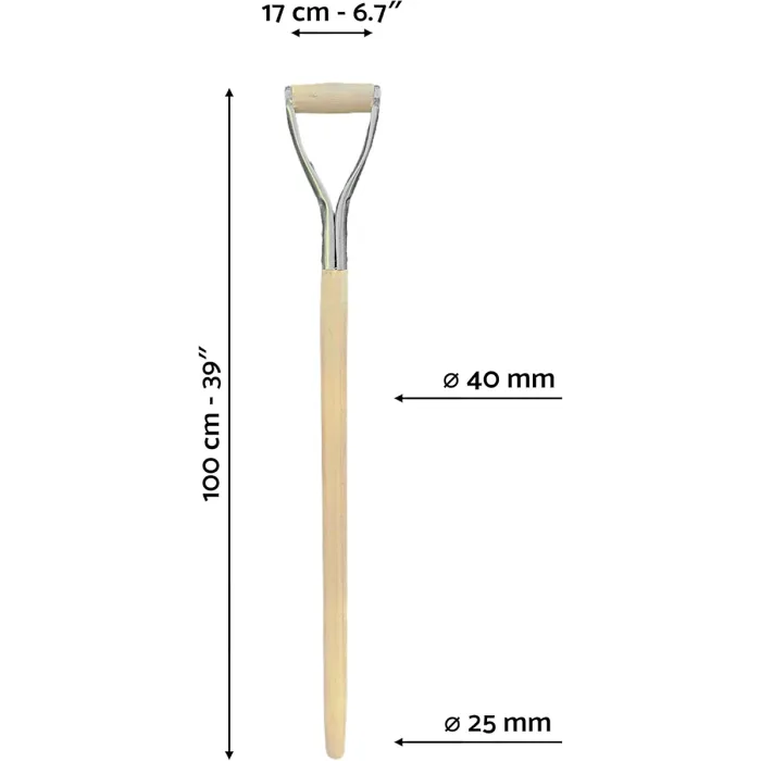 D Type Wooden Shaft Handle 100 cm / 39 in - Hardwood Replacement Handle for Shovel, Spade, Fork - 40 mm to 25 mm Tapered (Metal)