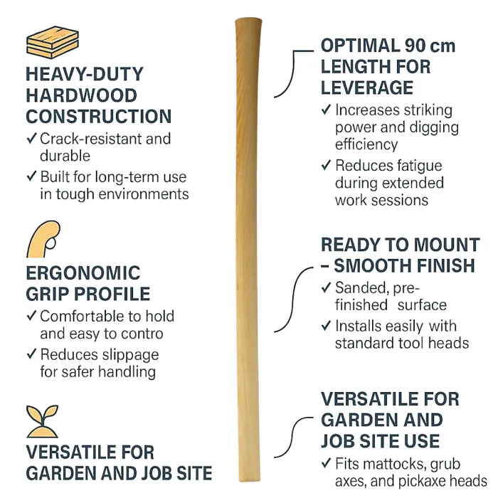 Hardwood Pick AxeHandle 90 cm / 36" - Strong Wooden Shaft forMattock, Grubbing or Pick AxeHead - Smooth Ergonomic Grip Handle
