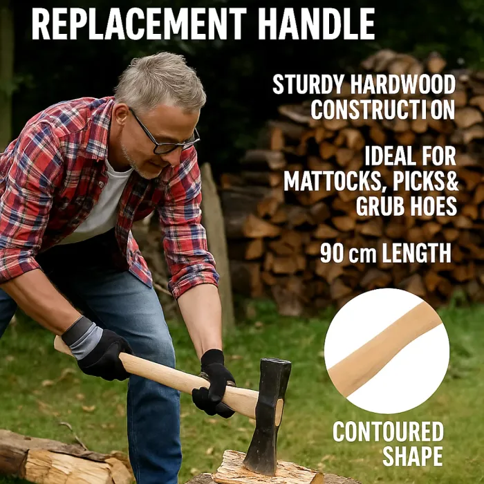 Hardwood Pick AxeHandle 90 cm / 36" - Strong Wooden Shaft forMattock, Grubbing or Pick AxeHead - Smooth Ergonomic Grip Handle