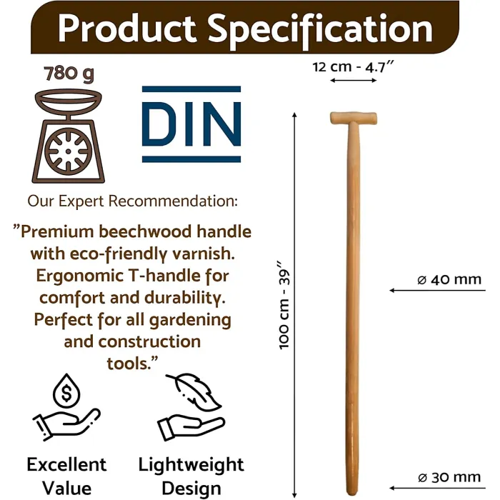 Lacquered Beechwood Shovel Handle 100 cm / 39 in - Ergonomic T-Grip Wooden Shaft for Spade, Fork, Shovel - 40 mm to 30 mm Tapered
