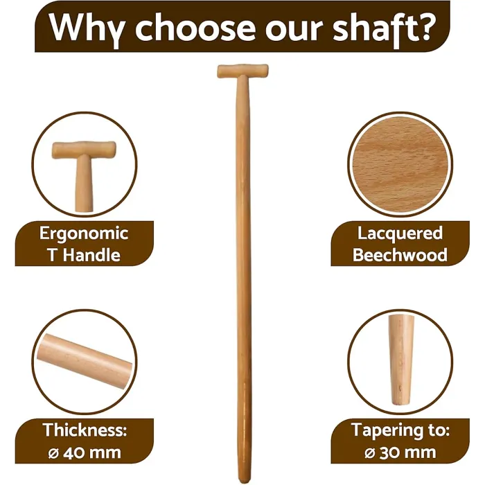 Lacquered Beechwood Shovel Handle 100 cm / 39 in - Ergonomic T-Grip Wooden Shaft for Spade, Fork, Shovel - 40 mm to 30 mm Tapered
