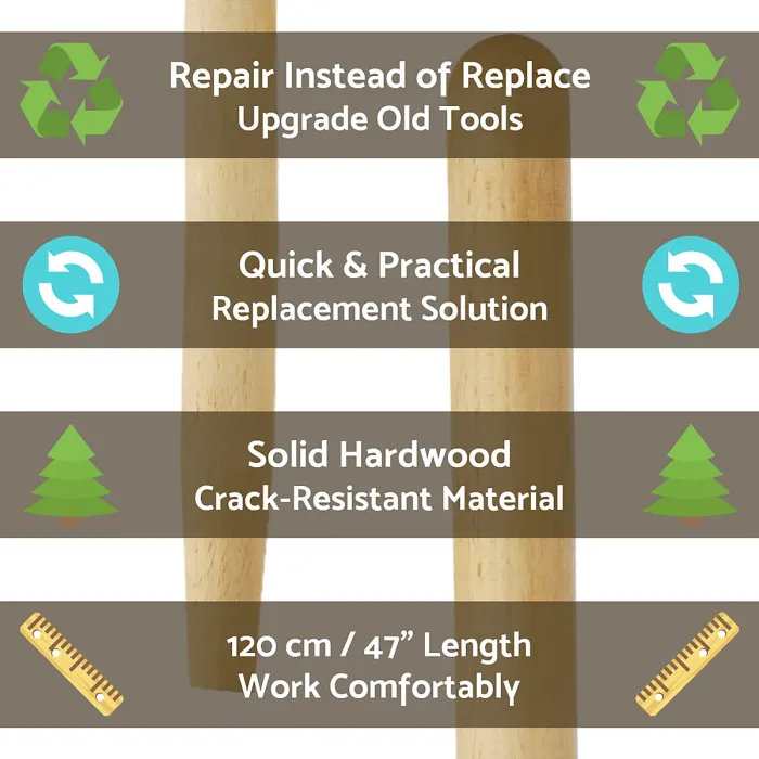 2 x Hardwood Rake Handle Replacement 120 cm / 47" Long Wooden Shaft for Hoe, Broom, Spade, Shovel, Fork - Durable Garden Pole