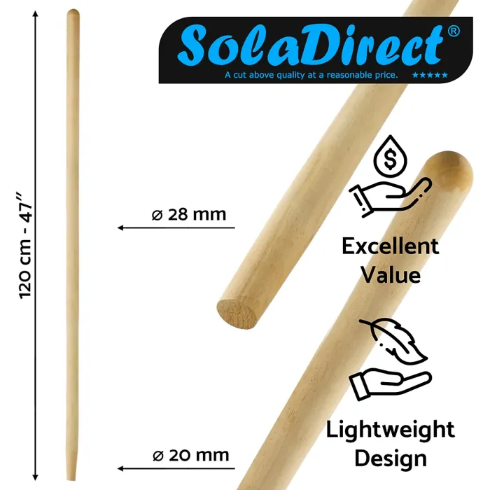 2 x Hardwood Rake Handle Replacement 120 cm / 47" Long Wooden Shaft for Hoe, Broom, Spade, Shovel, Fork - Durable Garden Pole