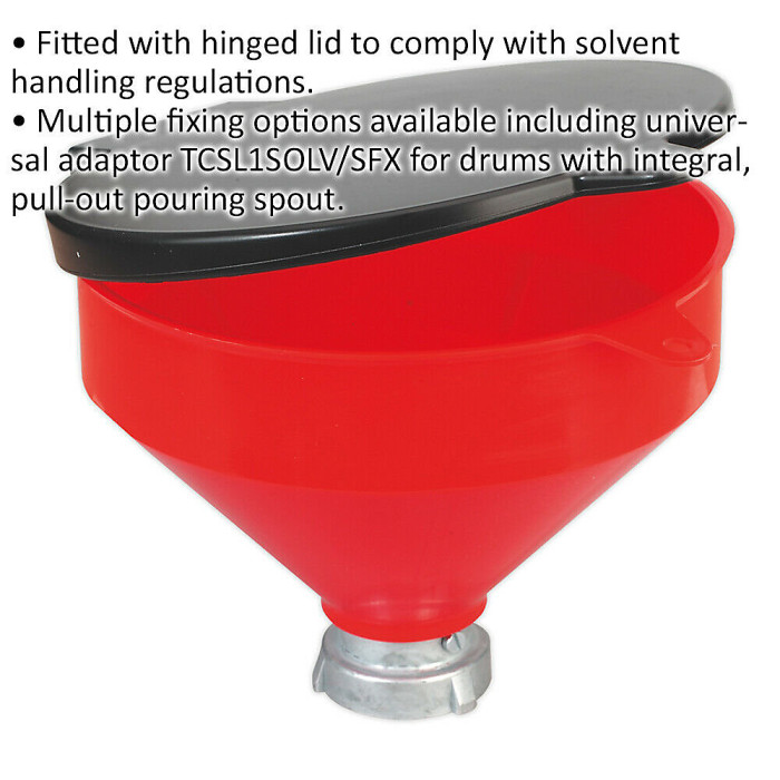 Premium Solvent Safety Funnel with Hinged Lid - 2" Female Fitting for Safe Fluid Transfer