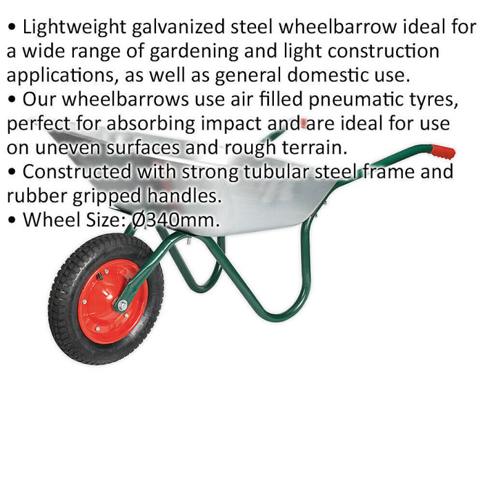 Lightweight Galvanized Steel Wheelbarrow - 65L Capacity - Tubular Steel Frame