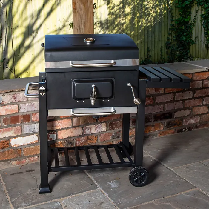 Samuel Alexander 115x46x106cm Black Steel Portable Rectangular BBQ Trolley with Thermometer Gauge and Cover