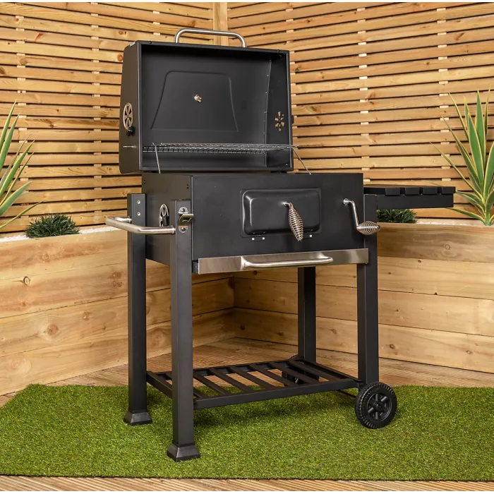 Samuel Alexander 115x46x106cm Black Steel Portable Rectangular BBQ Trolley with Thermometer Gauge and Cover