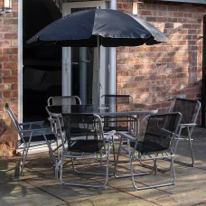 6 Person Garden Furniture Patio Set Table, 6 Chairs & Parasol with Black Glass
