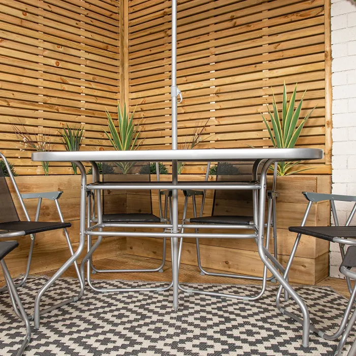 6 Person Garden Furniture Patio Set Table, 6 Chairs & Parasol with Black Glass