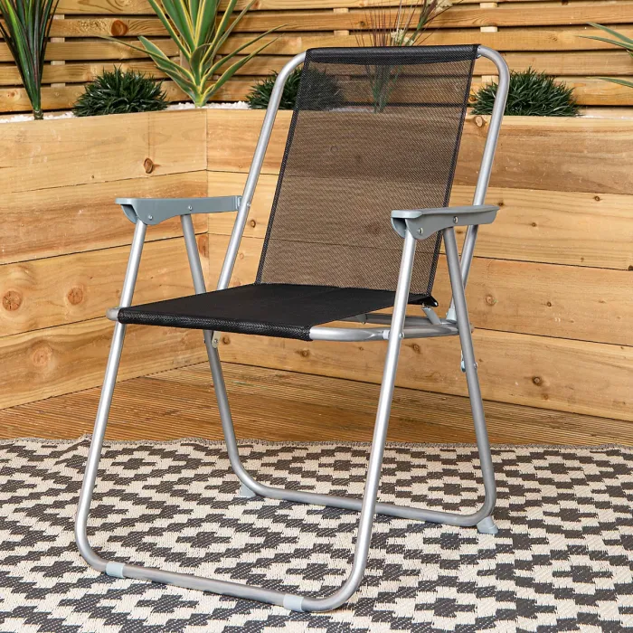 6 Person Garden Furniture Patio Set Table, 6 Chairs & Parasol with Black Glass