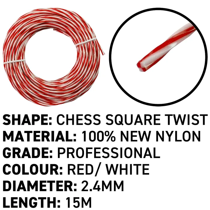 15m of strimmer/trimmer line,red/white twist line gives you more cutting edge for cleaner and quicker cut (2.4mm)