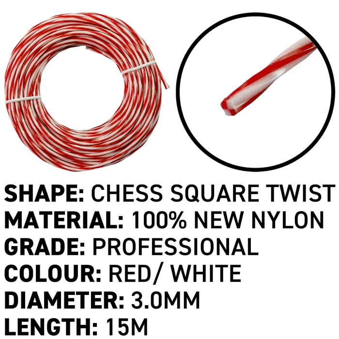 15m of strimmer/trimmer line,bred/white twist line gives you more cutting edge for cleaner and quicker cut (3.0mm)