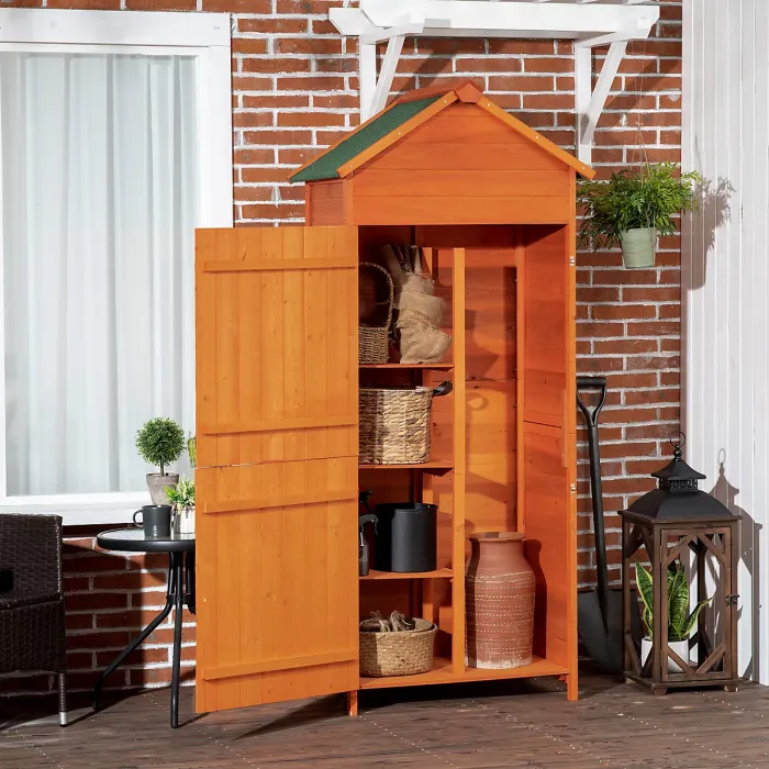 Outsunny Wooden Garden Shed Outdoor Shelves Utility Tool Storage Cabinet Orange