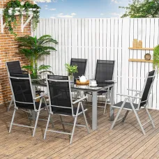Outsunny 7 Piece Garden Dining Set, Outdoor Table and 6 Chair, Aluminium, Black