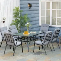Outsunny 7 PCs Garden Dining Set w/ Umbrella Hole & Cushion, Grey
