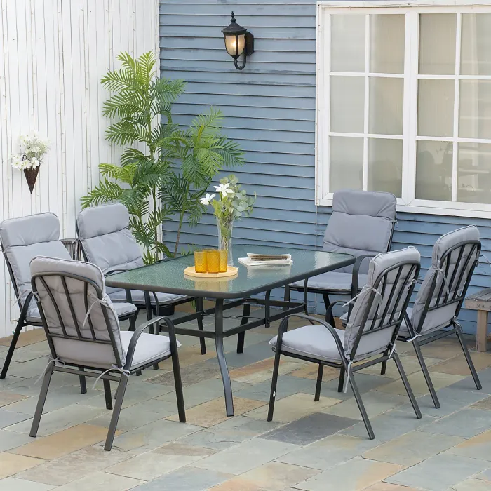 Outsunny 7 PCs Garden Dining Set w/ Umbrella Hole & Cushion, Grey