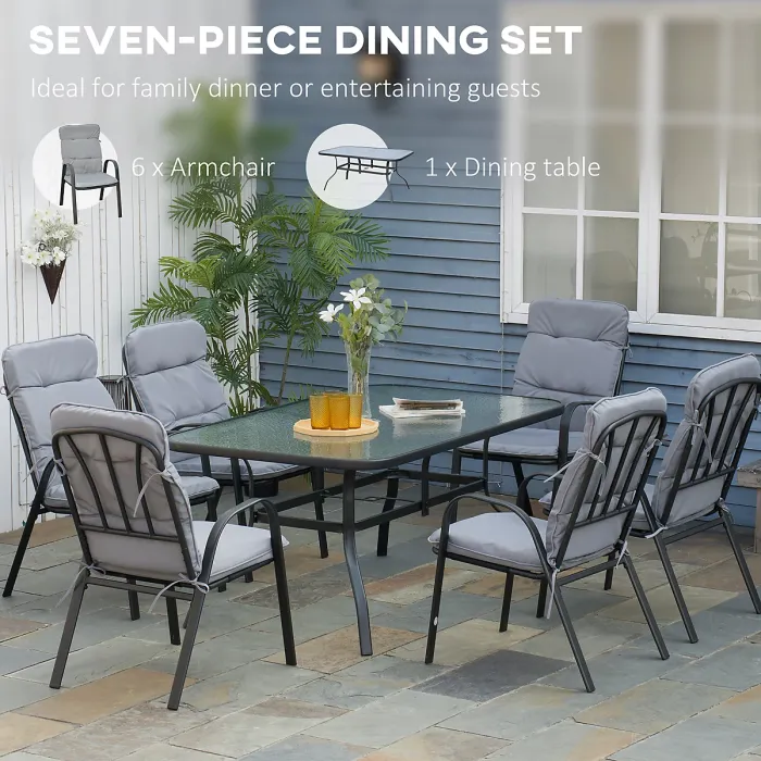 Outsunny 7 PCs Garden Dining Set w/ Umbrella Hole & Cushion, Grey