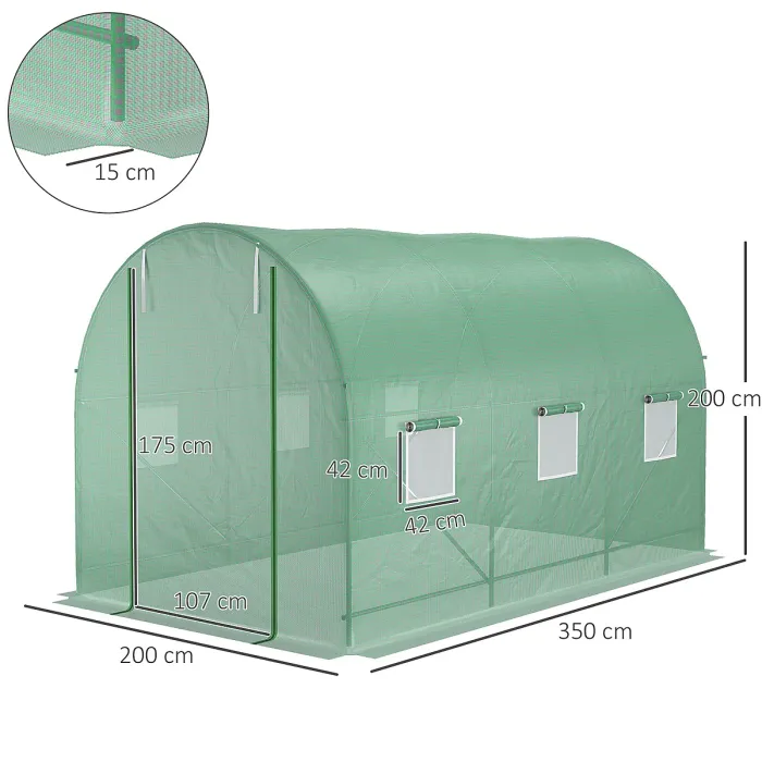Outsunny 3.5 x 2m Walk-In Polytunnel Greenhouse with Roll Up Door Windows Green