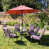 Primrose 6 Seater Garden Furniture Dining Set with Reversible Cushions and Crank Parasol in Wine