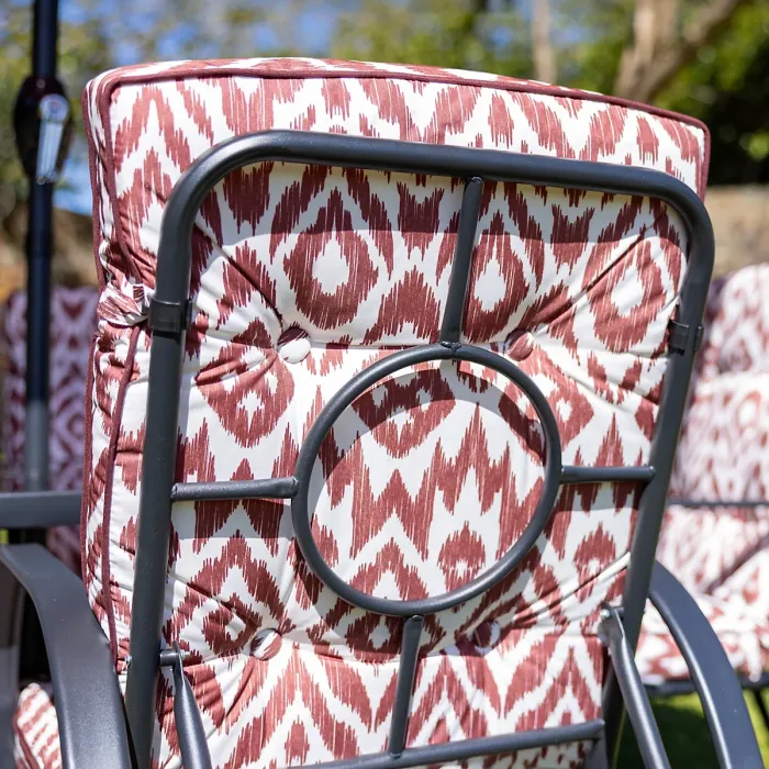 Primrose 6 Seater Reclining Garden Furniture Dining Set with Reversible Cushions and Crank Parasol in Wine