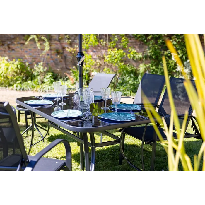 Primrose 6 Seater Leisure Dining Set Garden Furniture With Parasol Reclining Chairs Glass Table In Black