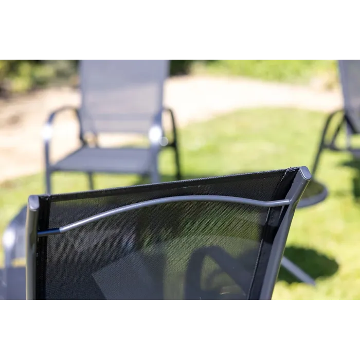 Primrose 6 Seater Leisure Dining Set Garden Furniture With Parasol Reclining Chairs Glass Table In Black