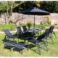 Primrose 6 Seater Leisure Dining Set Garden Furniture With Parasol Reclining Chairs Glass Table In Grey