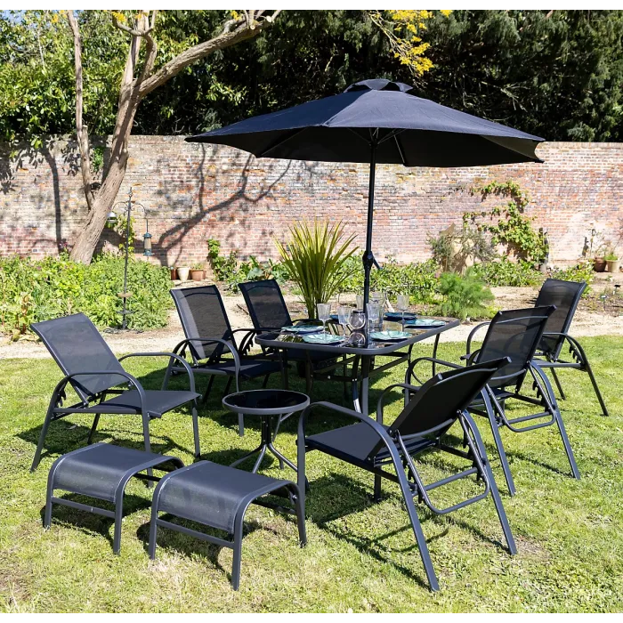 Primrose 6 Seater Leisure Dining Set Garden Furniture With Parasol Reclining Chairs Glass Table In Grey