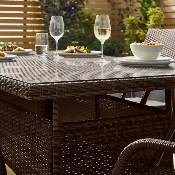 FurnitureboxUK Antigua Outdoor Rattan Dining Table and Chairs, 6 Seat Brown Garden Dining Set For Patio & Deck, Free Cover