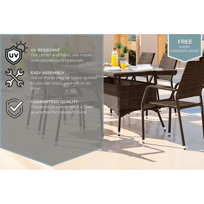 FurnitureboxUK Antigua Outdoor Rattan Dining Table and Chairs, 6 Seat Brown Garden Dining Set For Patio & Deck, Free Cover